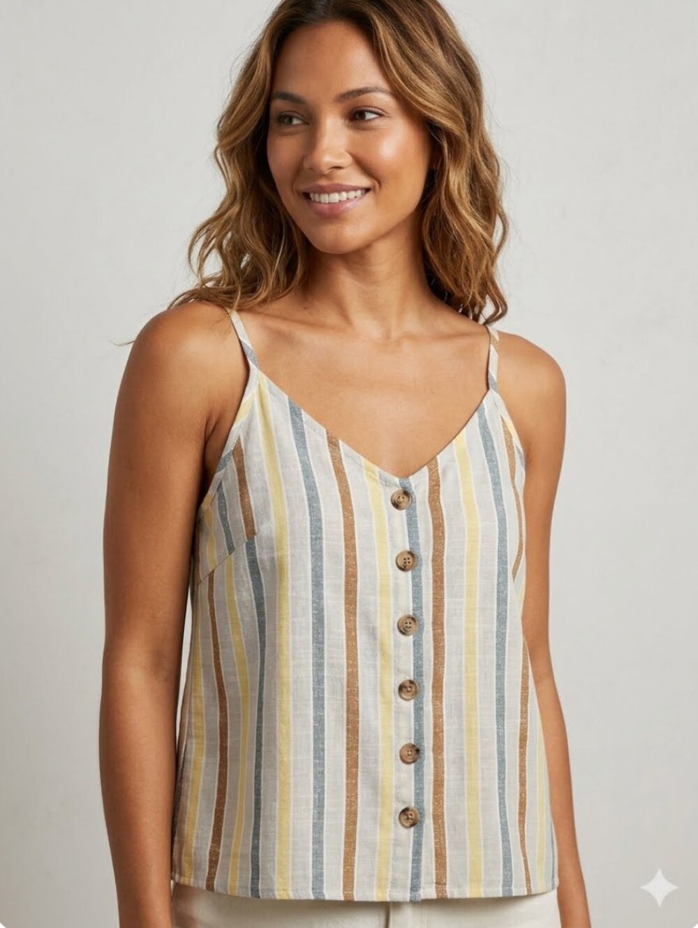 Paper Crane Women Striped Button Front Sleeveless Neutral Top sz L